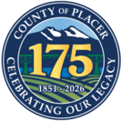 Round logo for 175th Anniversary of Placer County featuring a yellow 175 and the years 1851- 2026 beneath it in front of the background of a drawing of the Sierras behind the Forest Hill Bridge over a river next to hills with crop lines. The outer rim of the logo states "County of Placer" and "Celebrating our Legacy"
