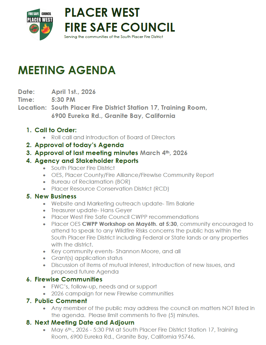 Flyer for Placer Fire Safe Council Meeting on April 1st, 2026 at 5:30 PM at South Placer Fire District Station 17, Training Room, 6900 Eureka Rd. Granite Bay, CA 