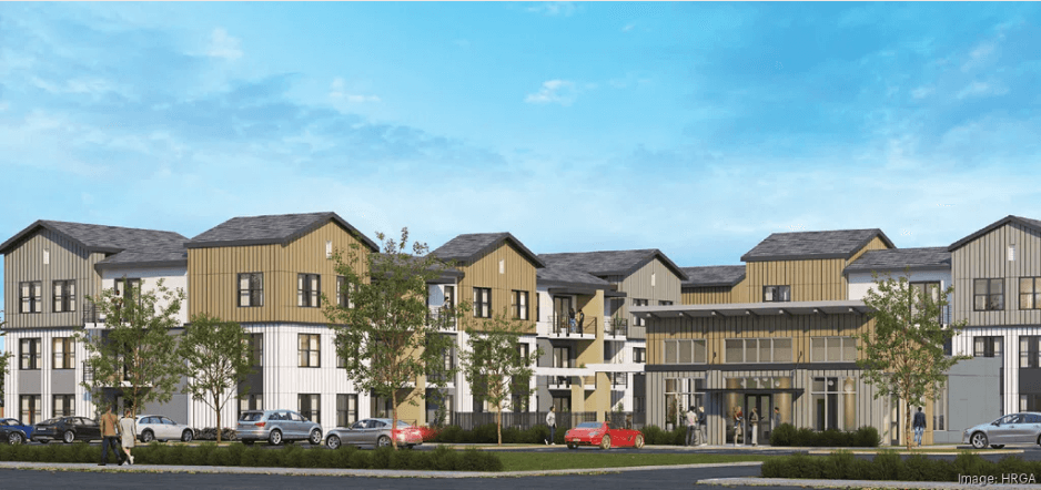 Artist rendering of brown, beige and white apartment complex surrounded by grass, shrubs and trees with a blue sky above. 