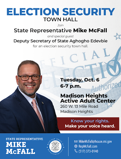: A graphic for Michigan State Representative Mike McFall's Know Your Rights Town Hall. Join him and special guests on Sunday, February 15 from 4:30 to 6 p.m. at UAW Region 1, 27800 George Merrelli Dr. in Warren. : A graphic for Michigan State Representative Mike McFall's Know Your Rights Town Hall. Join him and special guests on Sunday, February 15 from 4:30 to 6 p.m. at UAW Region 1, 27800 George Merrelli Dr. in Warren.