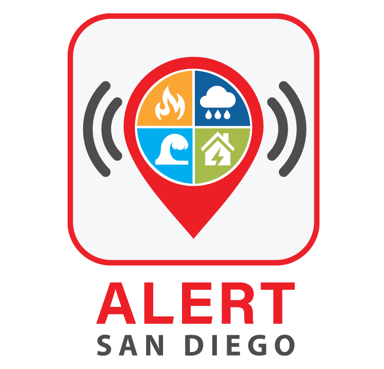 A graphic logo featuring a red map pin containing four colored icons: a flame, a cloud with raindrops, a wave, and a house with a power symbol. Curved lines on both sides suggest alert signals. Below the graphic, the text reads “ALERT SAN DIEGO.”
