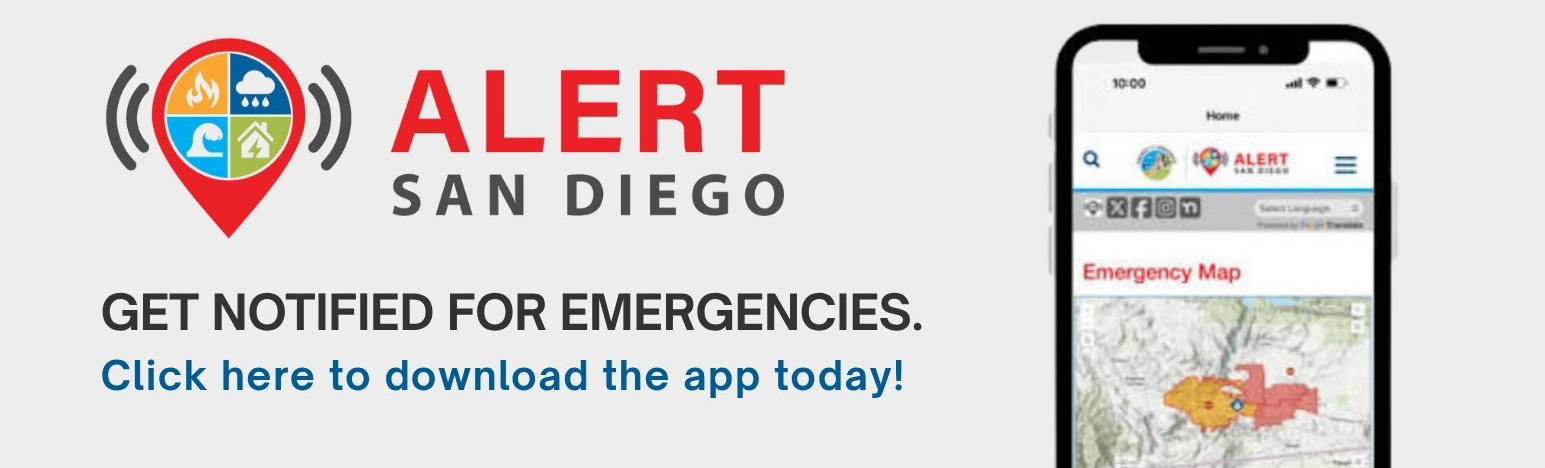 Alert San Diego get notified for emergenices click here to download the app today with image of a cell phone with map and alert San Diego with cellphone and alert san diego logo.