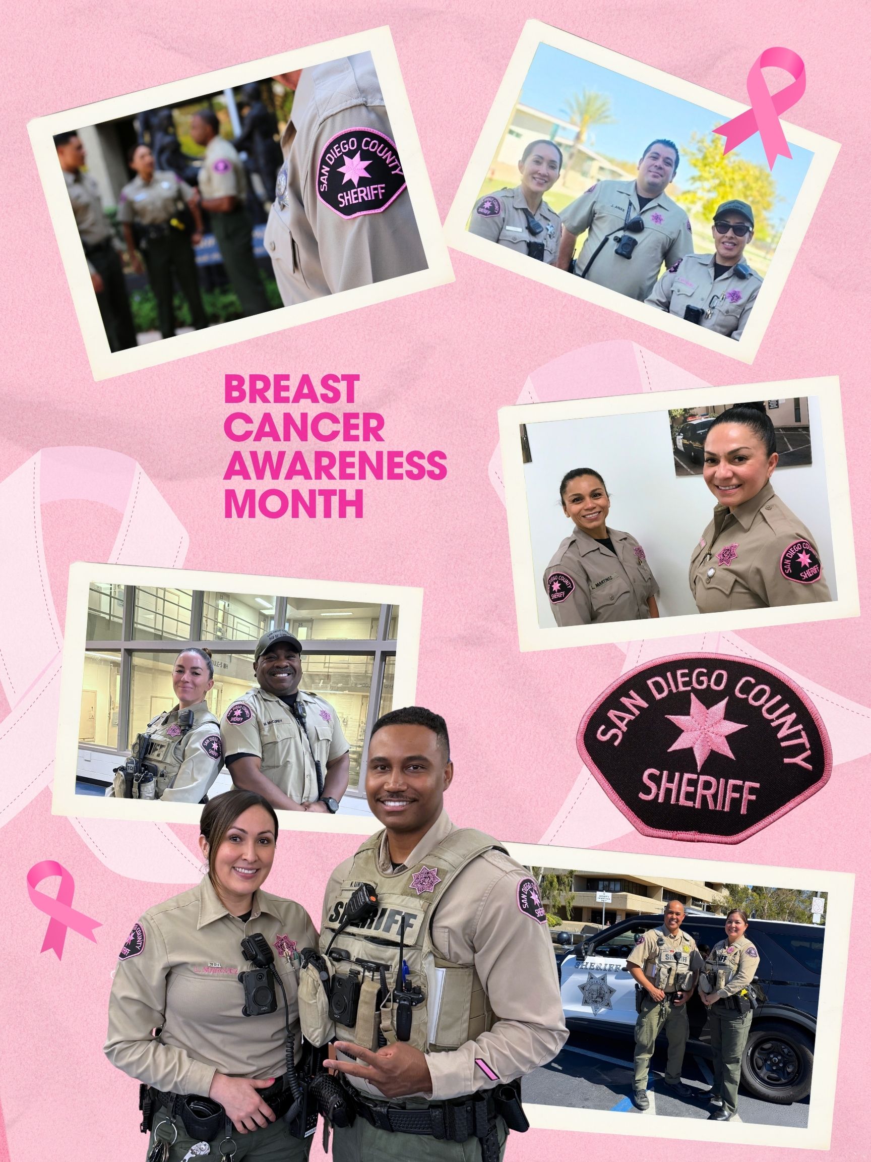 A collage-style graphic with a pink background featuring multiple photos of uniformed individuals wearing breast cancer awareness patches. The arrangement includes close-up images of the pink patch and several group and individual photos of people in uniforms. Text in the center reads “Breast Cancer Awareness Month.” The design also includes several small pink ribbon graphics.