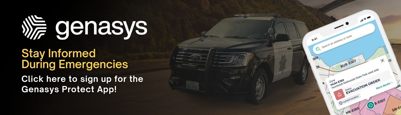 Stay informed durning emergencies click here to sign up for the Genasys protect App with an image of a sheriff's patrol vehicle and a cellphone genasys app vehicle with cellphone with map..