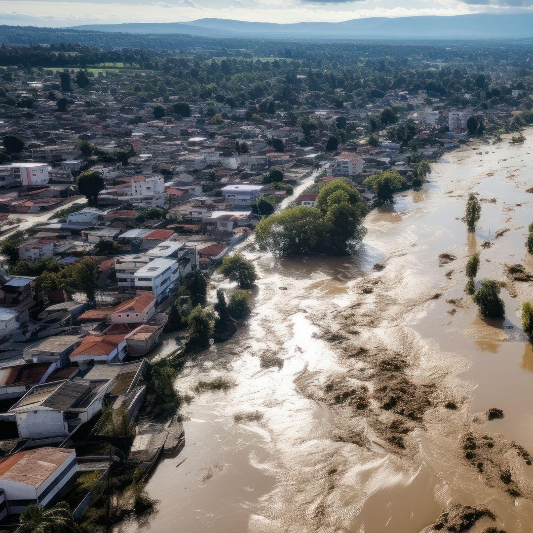 An aerial view of a residential area next to a large flooded river. Water has overflowed into nearby land, and debris is visible in the water. Houses, buildings, and streets fill the left side of the image, while the wide expanse of muddy floodwater occupies the right side. Trees and distant hills can be seen in the background.