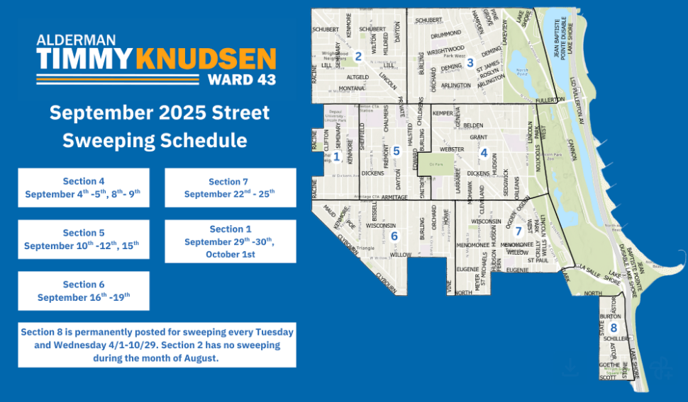 April Street Sweeping graphic with a map and highlighted sections. 