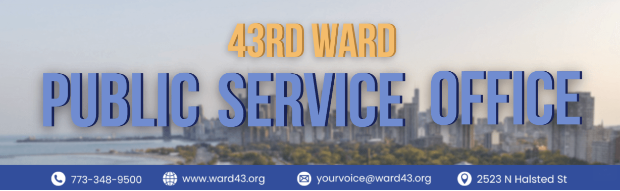 Banner for 43rd Ward Alderperson Timmy Knudsen featuring his photo against the Chicago lakefront and skyline, with Ward Office contact information along the bottom.