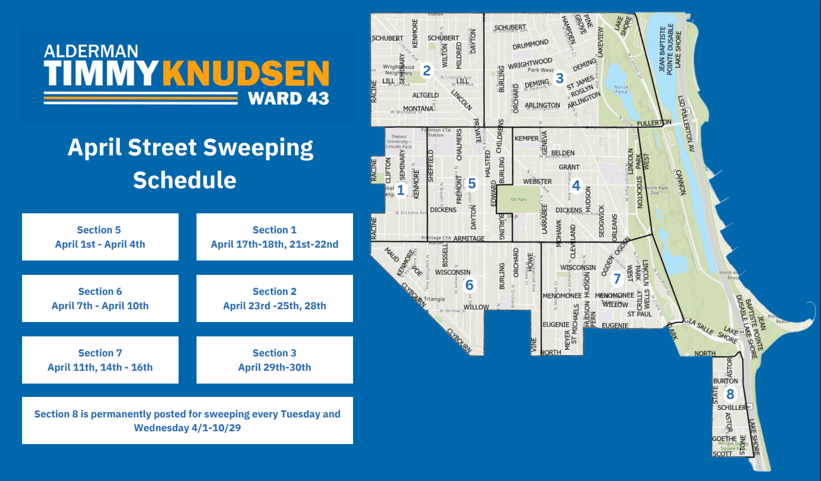 April Street Sweeping graphic with a map and highlighted sections. 