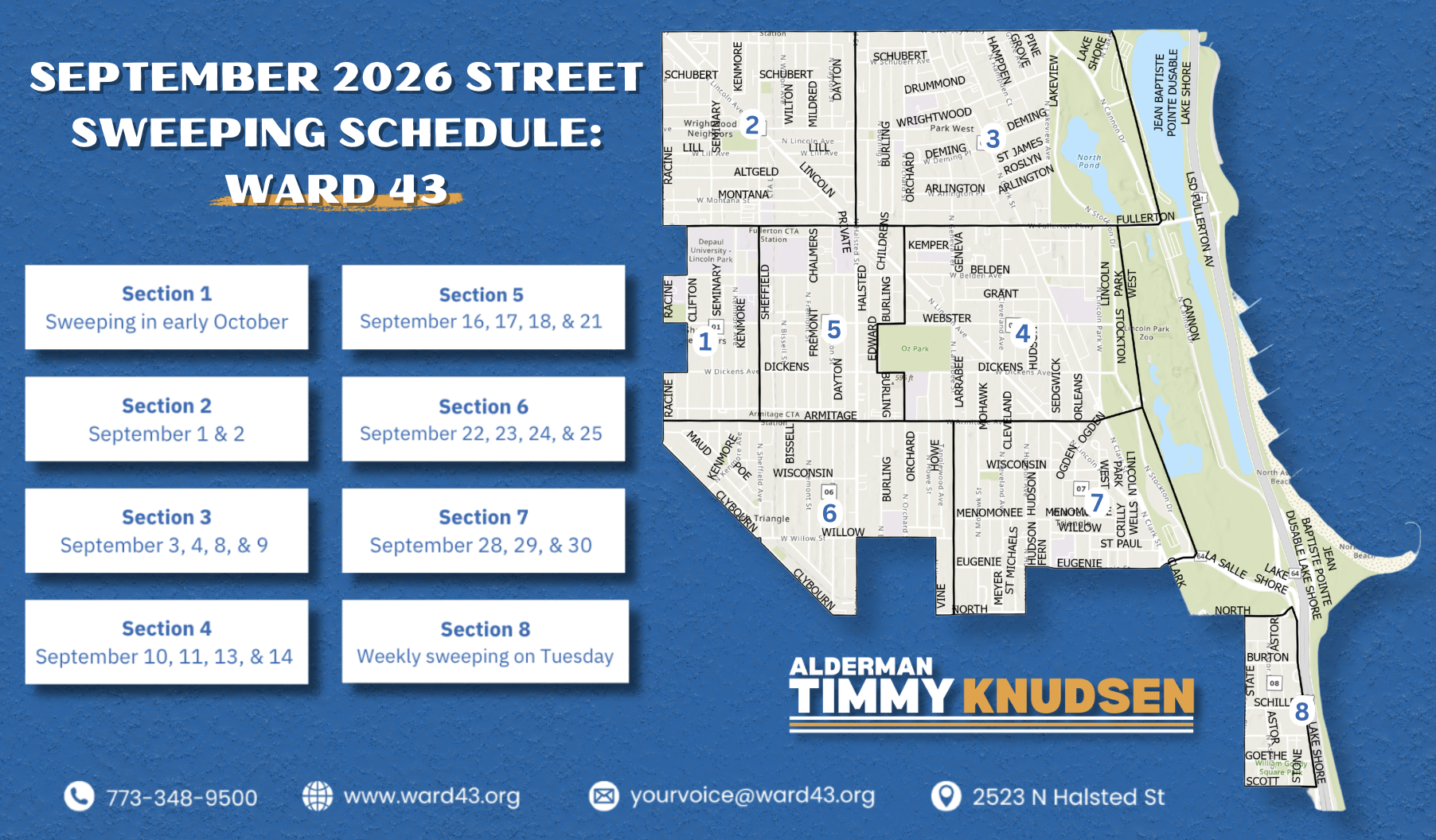 August 2026 street sweeping schedule for Chicago’s 43rd Ward. Section 1: August 24, 25, 26, and 27; Section 2: August 28 and 31; Section 3: sweeping in late July and early September; Section 4: August 3, 4, and 5; Section 5: August 6, 7, 10, and 11; Section 6: August 12, 13, 14, and 17; Section 7: August 18, 19, 20, and 21; Section 8: weekly sweeping on Tuesdays.