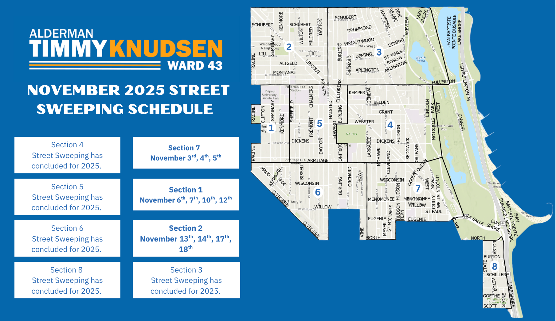 April Street Sweeping graphic with a map and highlighted sections. 