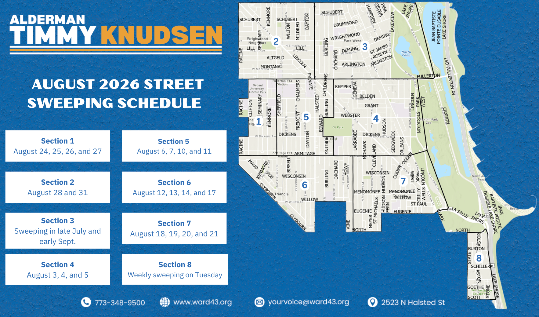 August 2026 street sweeping schedule for Chicago’s 43rd Ward. Section 1: August 24, 25, 26, and 27; Section 2: August 28 and 31; Section 3: sweeping in late July and early September; Section 4: August 3, 4, and 5; Section 5: August 6, 7, 10, and 11; Section 6: August 12, 13, 14, and 17; Section 7: August 18, 19, 20, and 21; Section 8: weekly sweeping on Tuesdays.