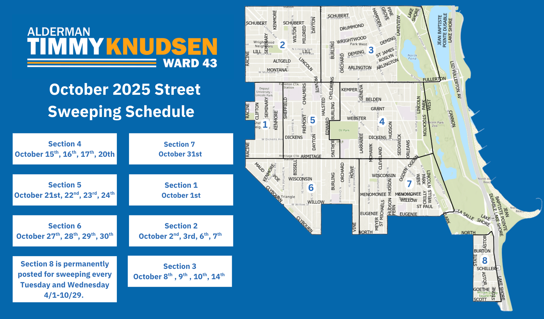 April Street Sweeping graphic with a map and highlighted sections. 