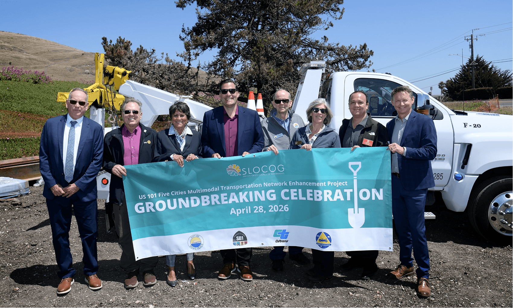 Group photo of SLOCOG Board Members and staff posing for a photo at the 5 Cities Highway 101 enhancement project groundbreaking
