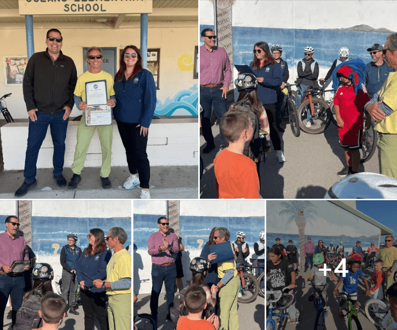 Photos of Supervisor Jimmy Paulding, Mayor Kassi Dee, and Jim DeCecco and students participating in Bike to School Day in Oceano